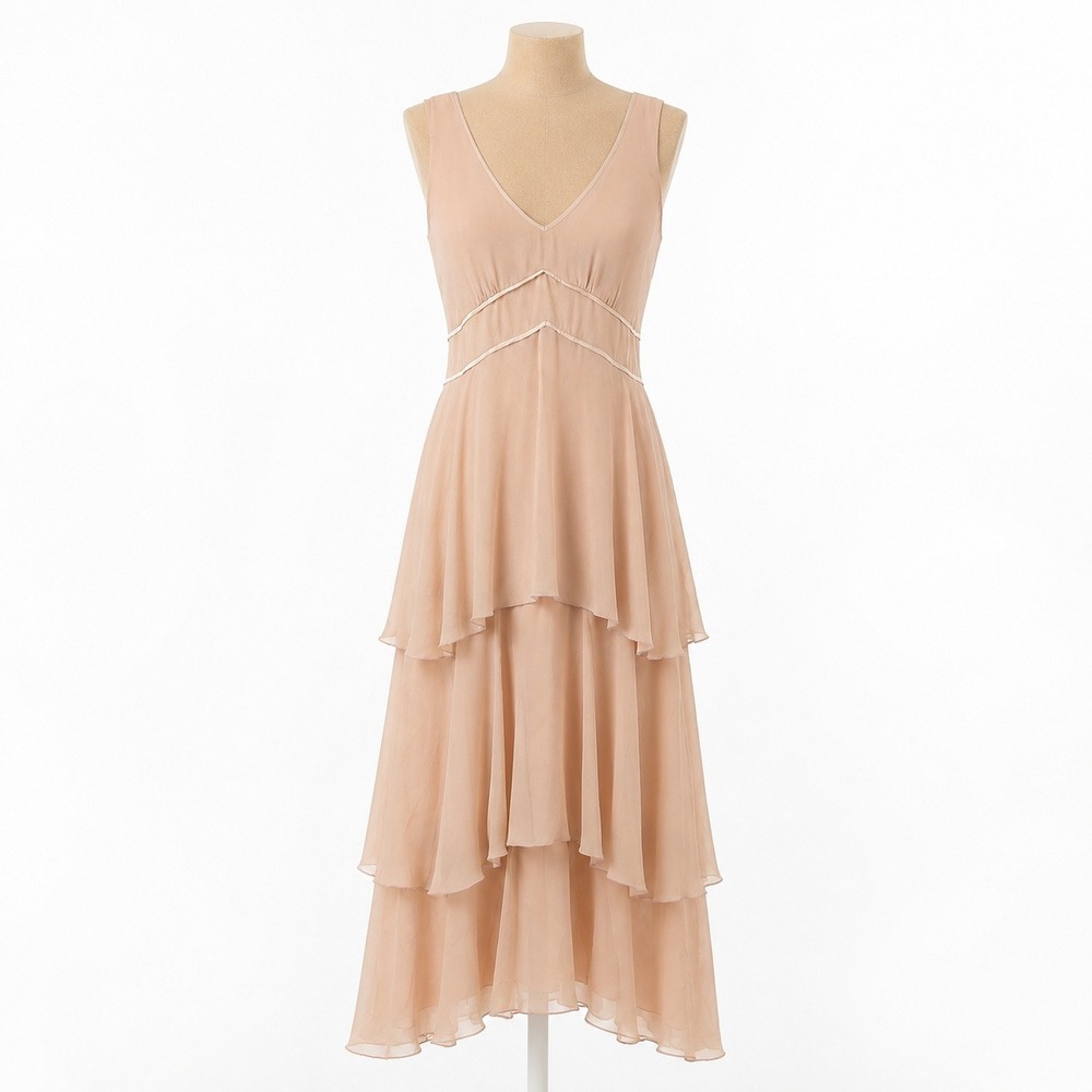 Vintage Y2K 100% Silk Babydoll Maxi Dress Size 6 Pink Tiered Fairy Ethereal Boho